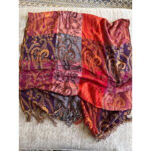 Chicos Paisley Patchwork Scarf In Red Purple & Orange - 100% Rayon